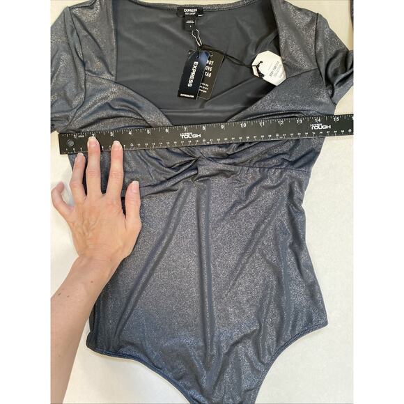 Express Bodysuit Womens Small NEW Body Contour Gray Long Sleeve Metallic Blouse - Picture 12 of 13